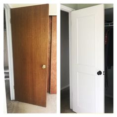 an open door and a closed door in a room with carpeted flooring next to each other