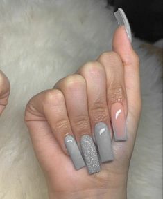 Shades Of Grey Nails Acrylic, Cute Grey Nail Designs, Gray Short Nails Acrylic, Gray Nails With Design Ideas, Long Square Acrylic Nails Gray, Gray And White Nails Ideas, Grey Square Acrylic Nails, Grey Nail Inspo Acrylic, Grey Baddie Nails