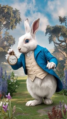 a white rabbit in a blue suit holding a clock