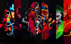 an image of batman and the jokers in different color combinations on black background with red, green, blue, yellow, orange