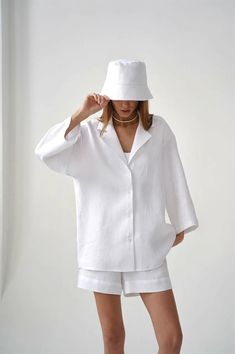 2 Pieces Outfits, White Linen Shorts, Pieces Outfits, Wide Leg Shorts, Linen Shirts Women, Shorts Sets, Loose Top, Summer White, Pant Length