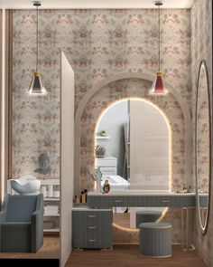 a room with a vanity, mirror and stools in the corner next to a bed