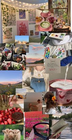 a collage of pictures with flowers, trees and other things in them that are all over the place