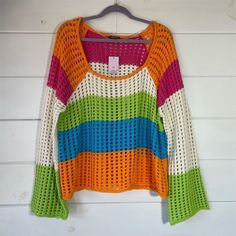 Brand: Wild Fable Size: Xxl Style: Pullover Sweater Size Type: Regular Color: Orange Department: Women Material: 100%Cotton Features: Crochet Neckline: Square Neck Pattern: Striped Garment Care: Machine Washable Perfect For Casual Outings, Gatherings, And Everyday Wear. New With Tags (Nwt). Keywords: Wild Fable, Women's Sweater, Casual Wear, Crochet Sweater, Square Neck Sweater Bust: 25.5 Inches Length: 24 Inches Measurements Are Taken Laying Flat And Are Approximate. B8 Multicolor Open Knit Sweater For Vacation, Green Long Sleeve Sweater For Vacation, Multicolor Vacation Sweater For Spring, Beach Knit Color Block Tops, Trendy Pink Sweater For The Beach, Trendy Pink Sweater For Beach, Trendy Pink Beach Sweater, Pink Knit Sweater For Vacation, Long Sleeve Color Block Tops For Beach