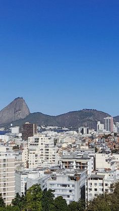 the city is full of tall buildings and mountains in the distance, with a blue sky