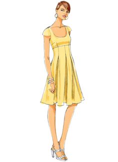 a drawing of a woman in a yellow dress with heels on her feet and one hand on her hip