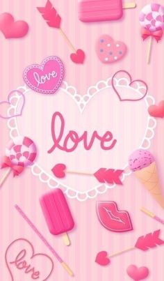 the word love is surrounded by different types of candies and lollipops