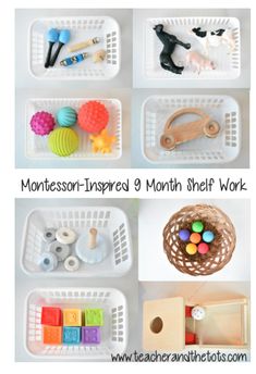 montessor - inspired 9 month shelf work for toddlers to learn how to play with