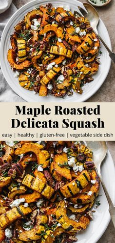 two plates with roasted delicata squash on them and the title above it reads maple roasted delicata squash