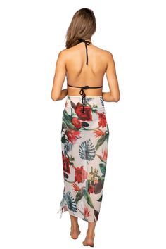 A sarong for every occasion! This is the perfect transitional piece from day time pool parties to a walk along the pier. Throw this over your bathing suit with this versatile piece that has at least 5 ways to wear. Pool to Party 100% Sheer Poly | Digital Print One-Size fits most Made in USA of imported fabrics Floral Print Sarong For Beach Cover-up, Floral Print Swimwear For Beach Party During Resort Season, Summer Poolside Sarong, Poolside Summer Sarong, White Floral Print Swimwear For Beach Cover-up, Summer Vacation Sarong With Tie-side Bottom, Spring Tropical Tie-side Sarong, Tropical Tie-side Sarong For Spring, Tropical Beach Cover-up With Tie-side Bottom