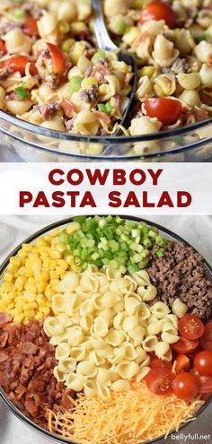 two bowls filled with pasta salad and the words cowboy pasta salad on top are shown