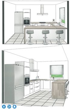 two views of a kitchen with stools and an island