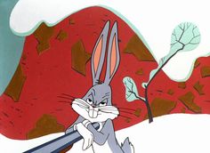 an animated rabbit holding a baseball bat in front of a red hill and tree with leaves