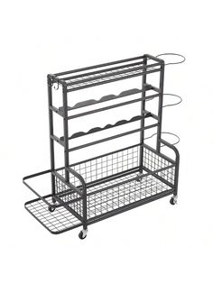 a metal rack with wine bottles on it and wire baskets in the bottom section for storage