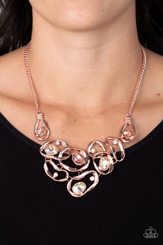 Warped shiny copper frames asymmetrically curl around dainty white rhinestones and peach and iridescent gem accents, interlocking into a contemporary statement piece below the collar. Features an adjustable clasp closure. Due to its prismatic palette, color may vary.

 Sold as one individual necklace. Includes one pair of matching earrings. Paparazzi Jewelry Images, Warp Speed, Rose Gold Frame, Copper Frame, Palette Color, Jewelry Images, Paparazzi Accessories, Copper Necklace, White Rhinestone