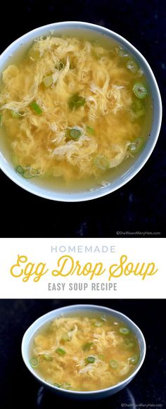 homemade egg drop soup recipe in a white bowl on a black background with text overlay