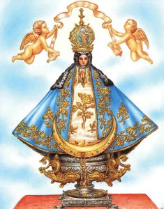 an image of the virgin mary in blue and gold with angels around her, on top of a red box