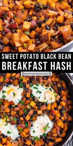 sweet potato black bean breakfast hash browns in a skillet