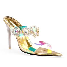 Your breath will be taken away by these stunning heels. ANDOVER! These have a gemstone-accented, iridescent vinyl upper. The magnificence of these heels will undoubtedly wow everyone. The magnificent gemstones set in it are enhanced with a strap that is shiny and multicolored. A secure fit is ensured by the slip-on design. The slim sole of this pair of shoes balances the heel height with the rest of the elegant shoe design, making it excellent for stable steps. The heel is approximately 4.5" hig Flat Heel Party Sandals, Flat Heel Sandals For Party, Slip-on Flat Heel Sandals For Party, Glamorous Heels For Summer Fashion Events, Glamorous Summer Heels For Fashion Events, Slip-on Closed Toe Party Sandals, Slip-on Closed Toe Sandals For Party, Slip-on High Heels For Party, Trendy Spring Sneakers