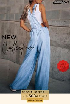 Women's Sleeveless Loose Denim Jumpsuits for Summer Blue Full-length Denim Jumpsuit For Summer, Cheap Non-stretch Cotton Denim Jumpsuit, Summer V-neck Denim Jumpsuit With Pockets, Summer Denim Jumpsuit With Pockets, Medium Wash, Full-length Cotton Denim Jumpsuit With Pockets, Denim Jumpsuits, Color Pick, Denim Jumpsuit, Chic Woman