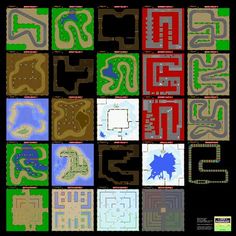 a bunch of different types of maps on a black background with red, green and blue squares