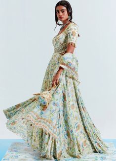 Ivory Printed Georgette Floral Print Anarkali With Tasseled Dupatta Mahima Mahajan - Fabilicious Fashion Floral Print Anarkali, Mahima Mahajan, Lehenga Style Saree, Indian Bridesmaid Dresses, Embroidered Anarkali, Lehenga Style, Anarkali Kurta, Embroidered Dupatta, Frock Design