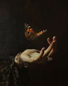 a painting of a hand holding a butterfly in it's left hand, with another hand reaching for the butterfly