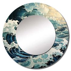 a round mirror with an ocean wave painted on the front and back of it's frame