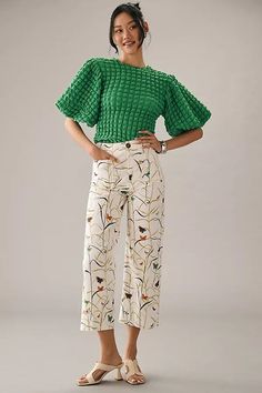 Chic High-waisted Flares For Summer, Green Cropped Bottoms For Spring, Casual Wide-leg Flares For Spring, Casual Wide Leg Flares For Spring, Casual Spring High-waisted Flares, Chic Spring Flares, Chic High Waist Summer Flares, Chic High-waist Summer Flares, Chic Spring Wide-leg Flares