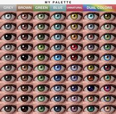 many different colored eyes are shown in this graphic style, with the words grey brown green blue