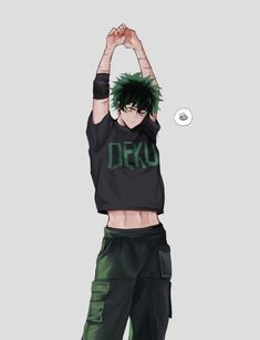 an anime character with green hair and black shirt holding his hands up in the air