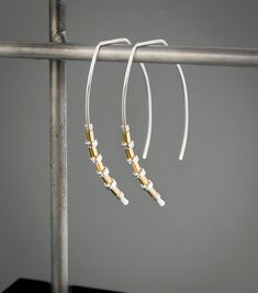 Silver And Gold Earrings, Gold And Silver Earrings, Modern Hoop Earrings, Mixed Metal Earrings, Gold Filled Earrings, Modern Earrings, Tube Beads, Metal Earrings, Silver Pieces