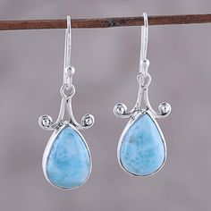 Worth celebrating, these lovely dangle earrings from India feature teardrops of natural larimar that display sky blue hues. Shanker presents these earrings, which are crafted with curling shapes of sterling silver. Blue Larimar Dangle Earrings, Larimar Earrings, Earring Dangle, Larimar Jewelry, Inner Wisdom, Earring Handmade, Handmade Earring, Jewelry Dainty, 925 Silver Earrings