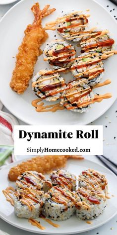 different types of food on plates with the words dynamite roll above it and below them