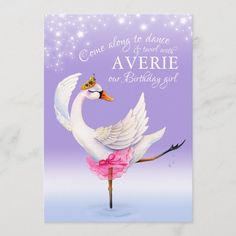 a birthday card with a white swan wearing a pink dress and holding a wand in its hand