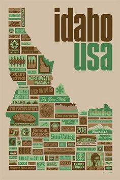 the idaho usa map made up of many different types of things in green and brown