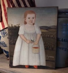 Handmade Primitive Reproduction Antique Child In A White Dress On Canvas Board, 5x7, 8x10, or 11x14 Colonial, Country, Americana, Wall, Table, or Shelf Decor. What a pretty print! Not only do we have a sweet little child with a basket but we also have a nice background too. The original painting was  painted by the Def Maine artist John Brewster, Jr.(1766-1854) This great piece comes as a shelf-leaner. Or you can frame or put a little hanger on the back. The 8x10 and 11x14 are wonderful framed o Nice Background, Maine Artist, Primitive Antiques, Wall Table, Sublimation Paper, Pretty Prints, Country Primitive, Cool Backgrounds, Canvas Board