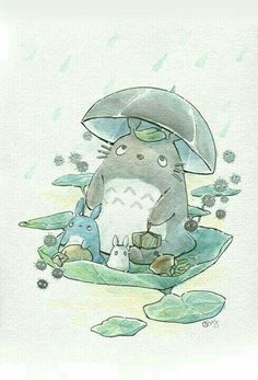 a watercolor drawing of a rabbit holding an umbrella over its head while sitting on a lily pad