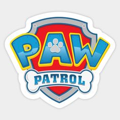 the paw patrol logo is shown in blue and yellow, with an image of a dog's paw on it