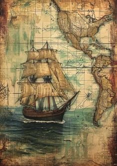 a painting of a ship in the ocean with a map on it's side