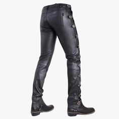 Authentic black leather pants designed for bikers with a touch of southern flair. Ride in style at the rodeo! Free shipping on all our leather pants. It takes approx seven to nine business days to complete each leather pant. Material: 100% Soft Cow-Leather. Style: Side Buckle Pant. Two front pockets. Two Back Pockets. Do you want to find stylish and durable pants? Check out our selection of men's black genuine leather side buckle pants. These pants are carefully crafted for modern bikers and emb Black Punk Leather Pants For Biker Events, Edgy Leather Pants For Biker Events In Fall, Edgy Black Leather Pants, Punk Leather Pants For Biker Events, Fitted Punk Leather Pants, Moto Style Pants For Biker Events In Fall, Edgy Fitted Leather Pants For Biker Events, Fall Moto Pants For Biker Events, Black Leather Moto Bottoms