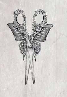 an image of scissors with intricate designs on the handles and wings that look like butterflies