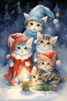 a group of kittens sitting next to each other in the snow with a lit candle