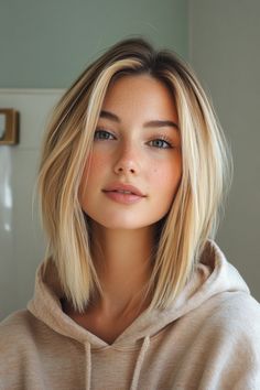 Click for More ➡️ | Save for Later ❤️  A straight, blunt cut paired with a rich honey blonde shade for a polished, timeless look. (Classic Blunt Lob in Honey Blonde - Long Bob Hairstyles) Curl Lob, Long Bob Hairstyles Blonde, Cinnamon Balayage, Pastel Pink Ombre, Sleek Short Hair, Straight Lobs, Blonde Lob, Medium Bob, Wavy Lob