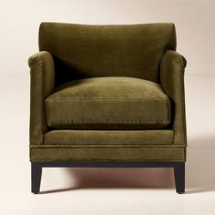 an olive green chair with black legs on a white background and no one in it