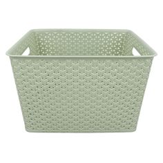 a green plastic basket with holes on the sides and bottom, in front of a white background