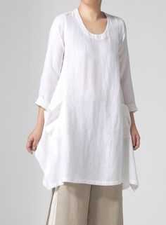 Like the cut and pockets of this tunic Lagenlook Tunic For Layering With Relaxed Fit, White Relaxed Fit Linen Tunic, Spring Linen Tunic For Layering, Casual Linen Tunic For Layering, White Linen Top With Rolled Sleeves, Linen Lagenlook Tops For Daywear, White Linen Tops With Rolled Sleeves, Layered Pants, Miss Me Outfits