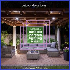 an outdoor pergola lighting idea with text overlay that reads, outdoor pergola lighting ideas