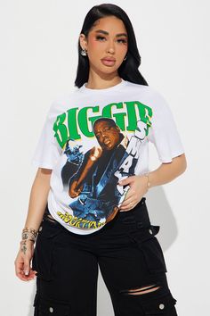 Available In White. Crew Neck Short Sleeve Front Screen Biggies Smalls Loose Stretch Disclaimer: Due To The Printing Process A Difference In Saturation May Occur. Each Garment Is Unique. 100% Cotton Imported | BIGGIE Big Poppa Tee Shirt in White size 2X by Fashion Nova Big Face, White Crew Neck, Party Outfits, Cute Fits, White Fashion, Graphic Tees Women, Shirt Outfit, Womens Clothing Tops, Party Outfit