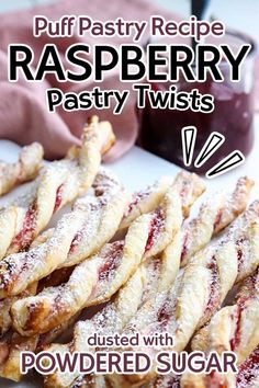 closeup view of raspberry twists made with puff pastry with text overlay. Raspberry Pastry Recipes, Raspberry Puff Pastry, Raspberry Pastry, Heavenly Dessert Recipe, Pastry Twists, Puff Pastry Snacks, Sweet Puff Pastry, Easy Puff Pastry Recipe, Puff Pastry Twists